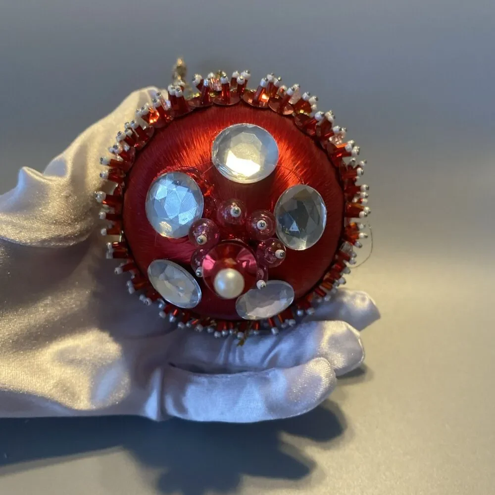 Vintage Christmas Red Gold Beaded Push Pin Ornate Ball Ornament Large Handmade